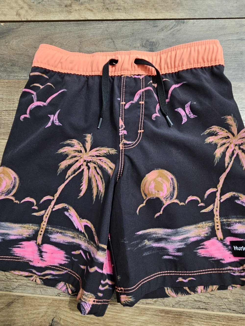 Hurley Boys‎ Swim Trunks Tropical Palm Print Orange Waist Size 5/6 Kids Swimwear